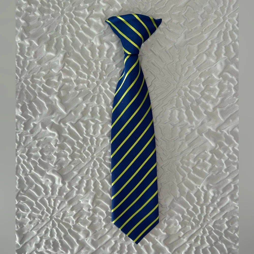 Children’s clip-on tie - blue with lime green stripes - 2T-5T